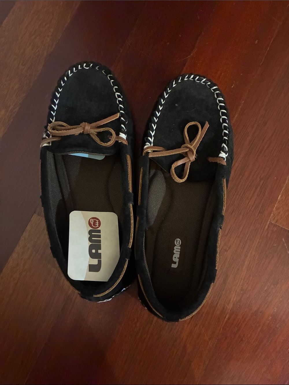 Lamo Black Suede Moccasins with Brown Lacing